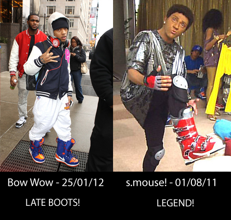 Bow Wow in Nike snowboard boots, Angry Boys s.mouse! in ski boots.
